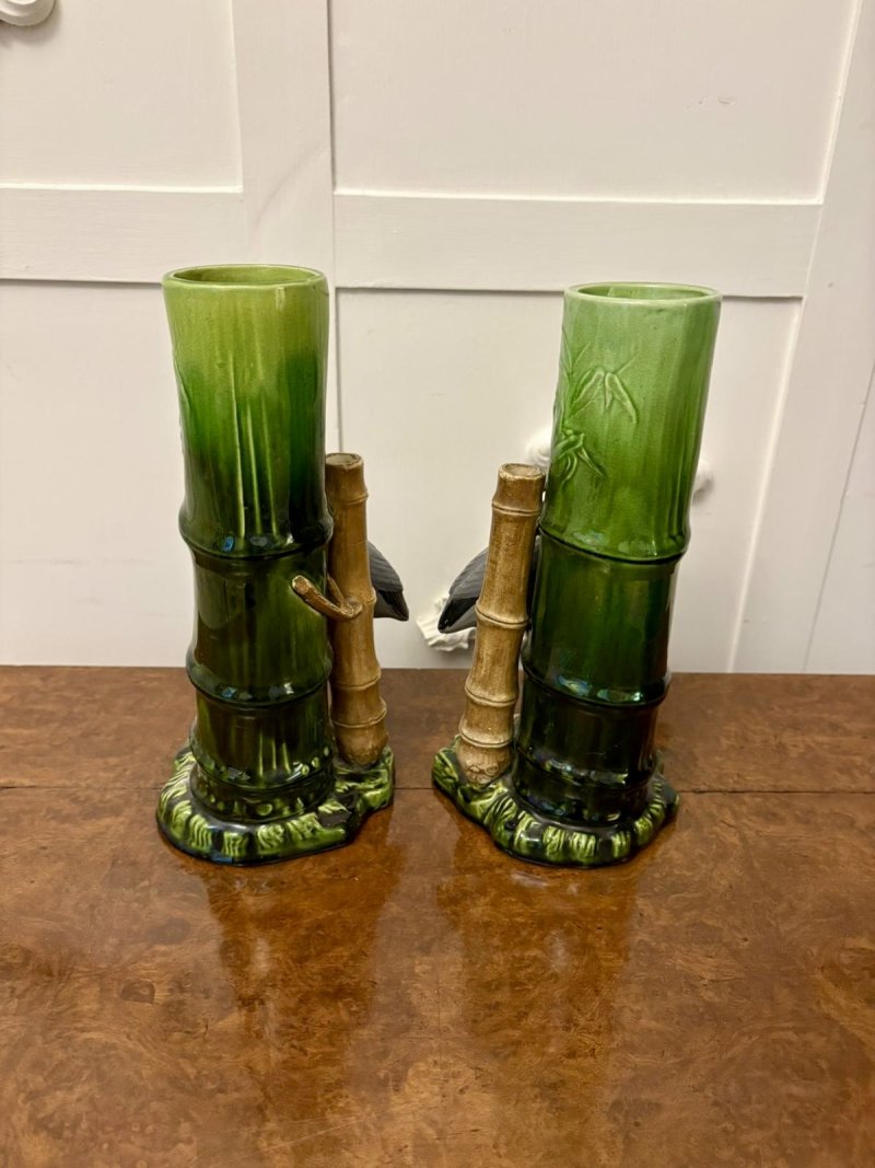 Unusual Pair of Antique Victorian Bretby Art Pottery Bamboo and Stork Vases